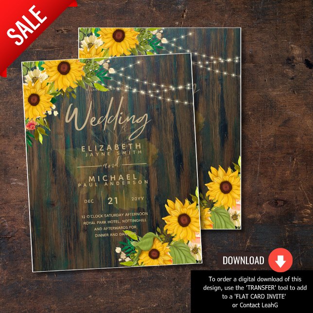 Sommarsolblommor Rustic Wood Wedding bjudes in Flygblad (Skapare uppladdad)