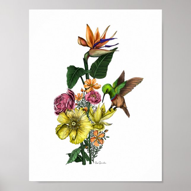Sommarsolfågel i färgfull Blommigt Bouquet Wall Ar Poster (Framsidan)