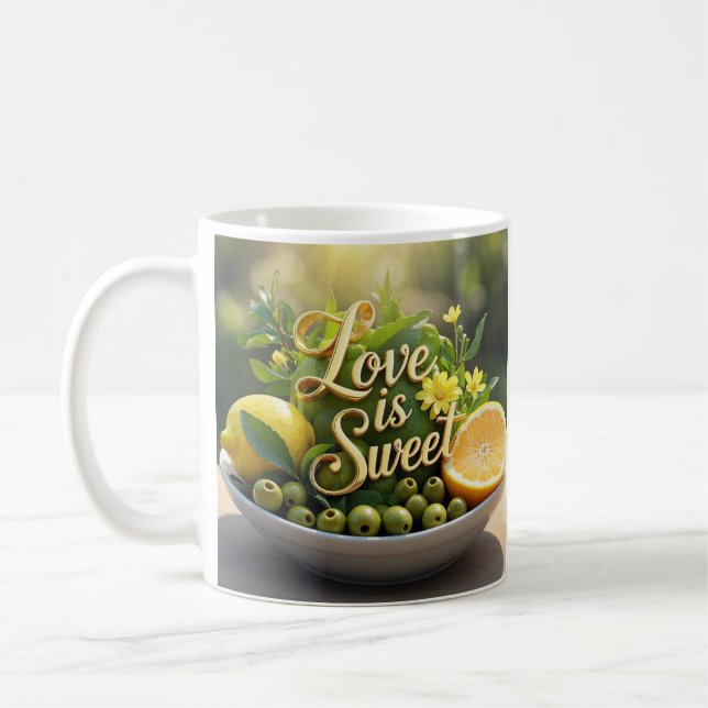 Sommarsoliga citroner, oliver, citrusskivor kaffemugg (Vänster)