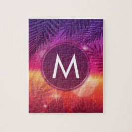 Sommarsolnedgången Handflatan Träd Monogram Lila O Pussel