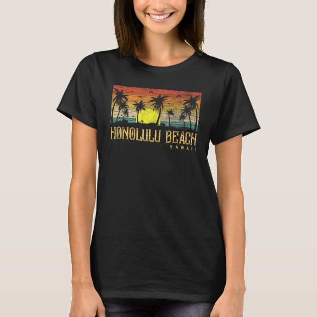 Sommarsolnedgången Handflatan Träd Vintage Hawaii  T Shirt (Framsida)