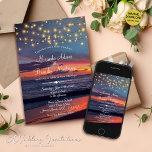 Sommarsolnedgången String Ljus Tropical Beach Wedd Inbjudningar<br><div class="desc">Inbjudan fira din speciella dag med vår unika fantastiska inbjudan till sommarsoluppens tropiska Beach String Ljus bröllop. Designat med kärlek av Mylini Design har personligen inbjudan en fantastisk solnedgång i stranden, vibranta tropiska nyanser och en charmerande sträng ljus som perfekt fångar värmen och romantik i ett badbröllop. Den här inbjudan...</div>