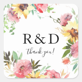 Sommarsolrosblommans Blommigt Monogram Fyrkantigt Klistermärke