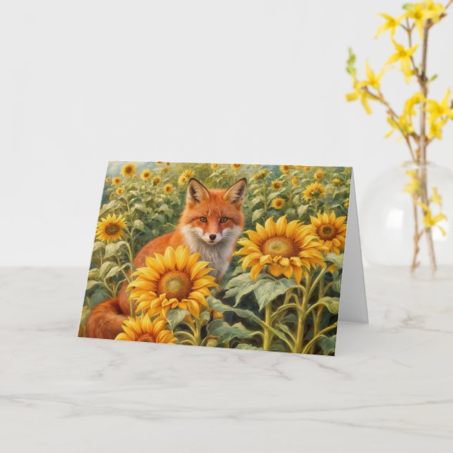 Sommarsolstånd Litha Röd Räv och Solrosor Kort (Gul blomma)