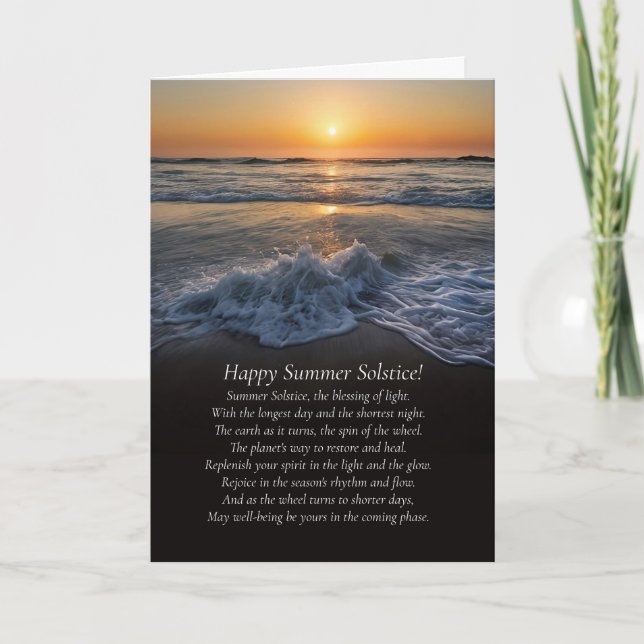 Sommarsolståndshav och strand med vågor dikt kort (Framsida)