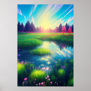 Sommarsoluppgång i Serene Meadow Poster