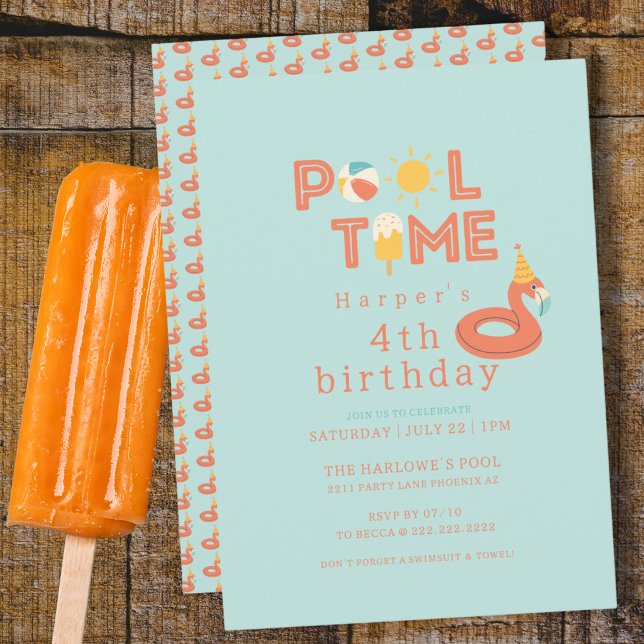 sommarsommarflamingo glasspinne barn födelsedags p inbjudningar (pool time flamingo beach ball sun popsicle personalized birthday pool party invitation )