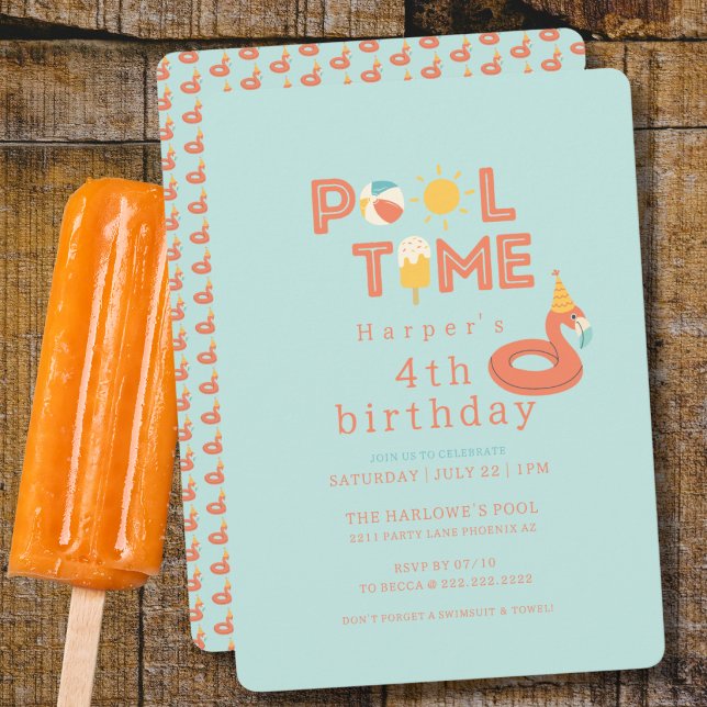 sommarsommarflamingo-popsicle barn födelsedagsfest inbjudningar (pool time flamingo beach ball sun popsicle birthday pool party personalized invitation modern )