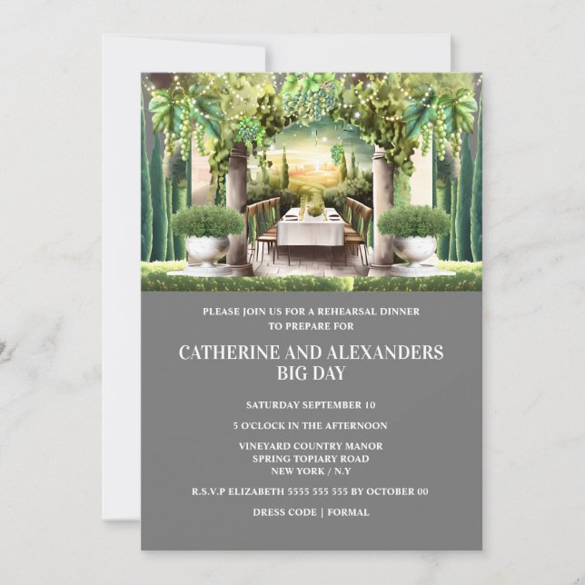 Sommarsommarkvällsmatning med vingårdssträng ljus inbjudningar (Framsida)