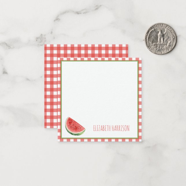 Sommarsommarvattenmelon och röd rutig gingham anteckningskort (Fram/Back In Situ)
