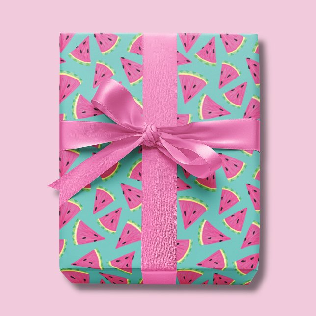 Sommarsommarvattenmelonmönster Presentpapper (Watermelon wrapping paper on a turquoise background)