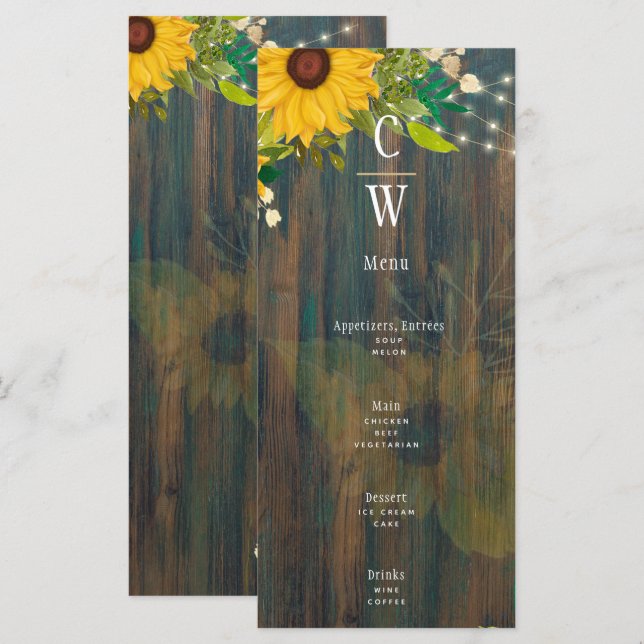 Sommarssolrosor Rustik Trä Bröllop Meny (Fram/baksida)