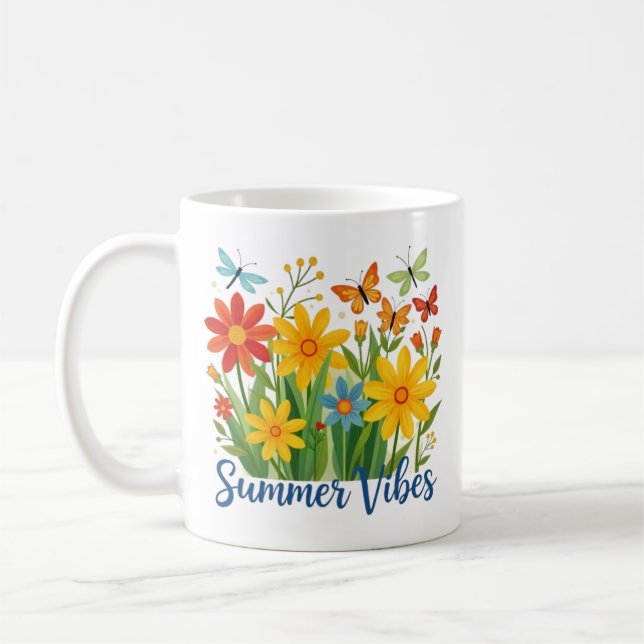 Sommarstämning Blommor med Fjärilar Kaffemugg (Vänster)