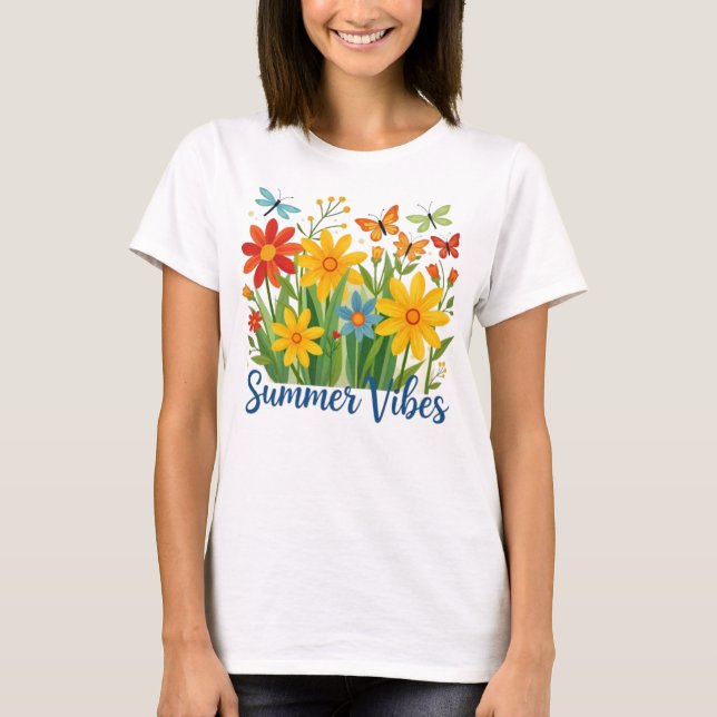 Sommarstämning Blommor med Fjärilar T Shirt (Framsida)