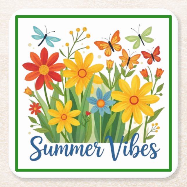 Sommarstämning Blommor med Fjärilar Underlägg Papper Kvadrat (Framsidan)