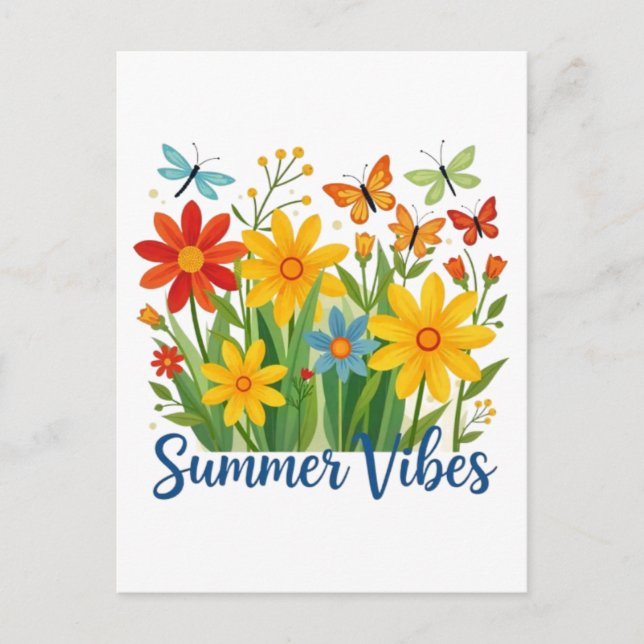 Sommarstämning Blommor med Fjärilar Vykort (Framsida)