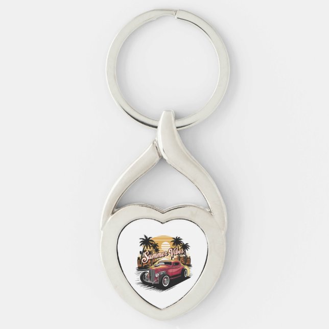 Sommarstämning Klassisk Bil Twisted Heart Silverfärgad Nyckelring (Framsidan)