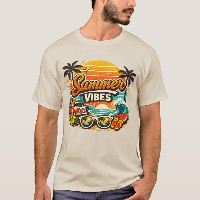Sommarstämning Retro Strand Solnedgång  T Shirt (Framsida)