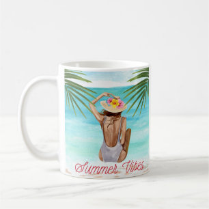 Sommarstämning Strandflicka i Baddräkt Illustratio Kaffemugg