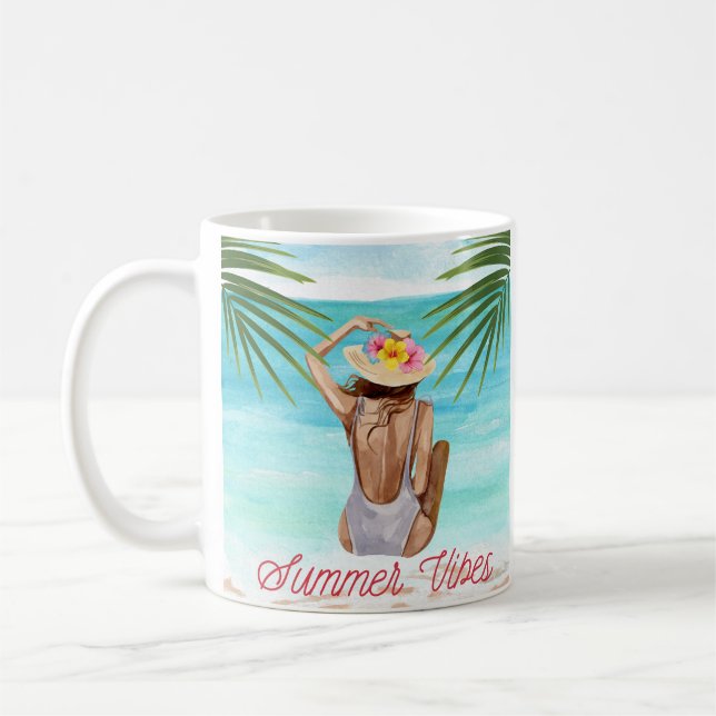 Sommarstämning Strandflicka i Baddräkt Illustratio Kaffemugg (Vänster)