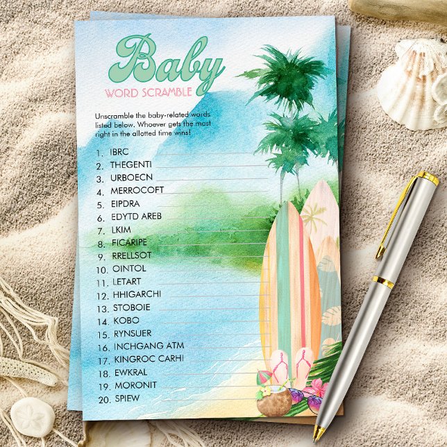 Sommarstrand Baby Ordkluver Duschspel (Baby shower game with tropical beach surfing theme from my Baby on Board baby shower collection)