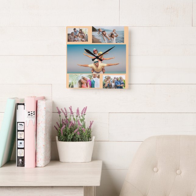Sommarstrand Familjefoto Collage Design Fyrkantig Klocka (Läsesal)