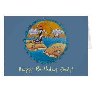 Sommarstrand, roligt solig kuststrand hälsningskort