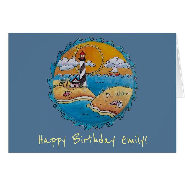 Sommarstrand, roligt solig kuststrand hälsningskort (Framsidan Horizontal)