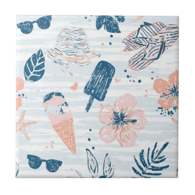 Sommarstrand Tropisk Blå Korallrandig  Kakelplatta (Framsidan)