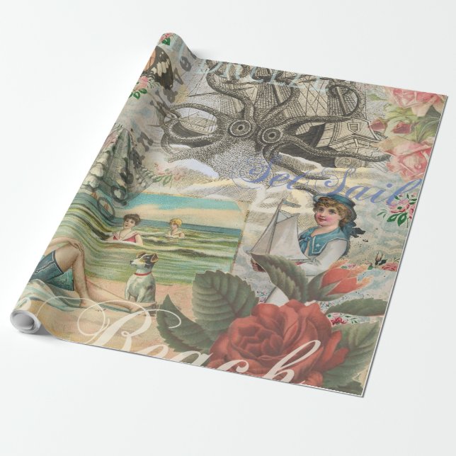 sommarstrand vintage bläckfisk antikt segelfartyg presentpapper (Utrullad)