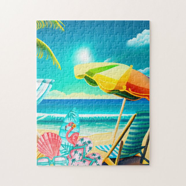 Sommarstrandparasoller, surfbräda och träd pussel (Vertikal)