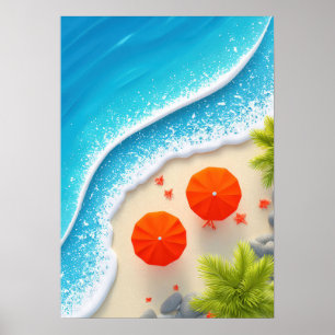 sommarstrandscen med orange paraplyer och hav poster