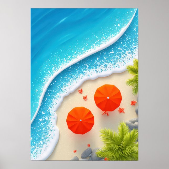 sommarstrandscen med orange paraplyer och hav poster (Framsidan)