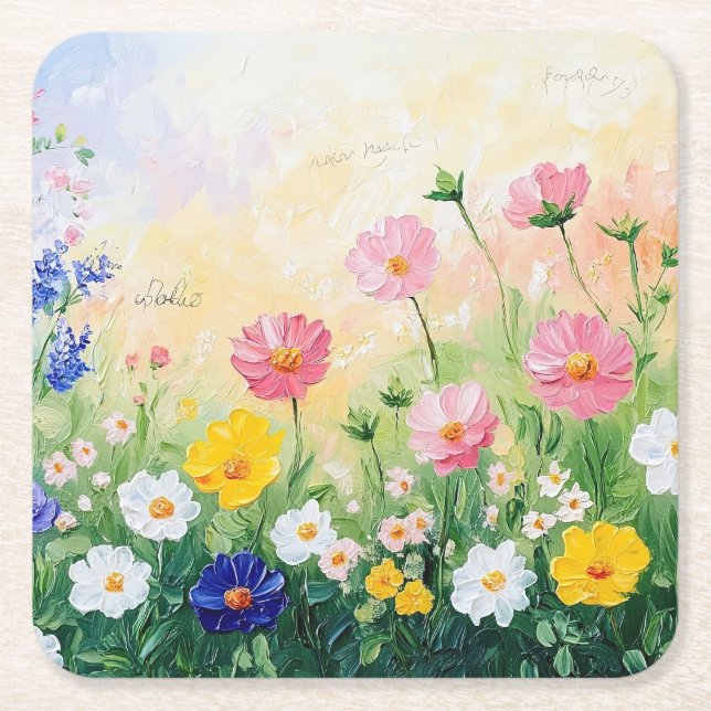 Sommartid. Färgglomma blommor. Konst.  Underlägg Papper Kvadrat (Framsidan)