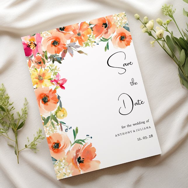 Sommartid för botanisk orange gult blommigt Spara  Inbjudningar (Botanic orange yellow summer floral Save the Date )