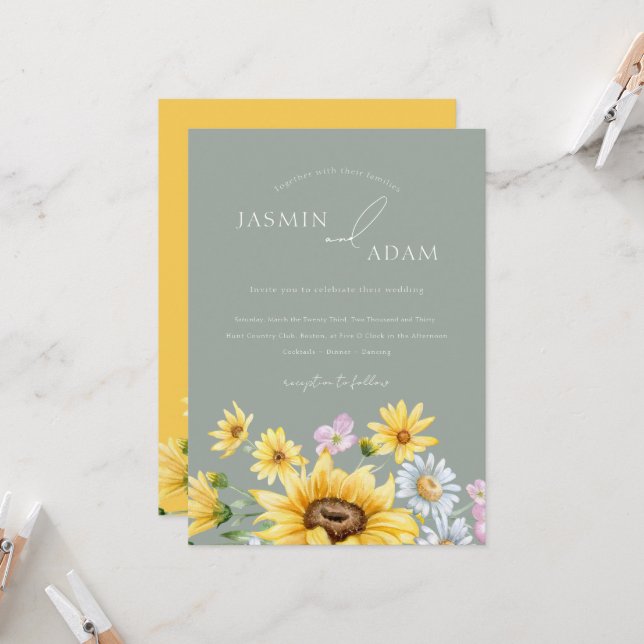 Sommartid Grönt Gult Solblommor Blommigt Bröllop Inbjudningar (Fram/Back In Situ)