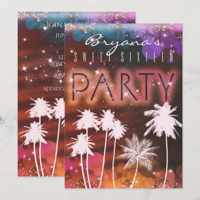 Sommartidsbelysning & Vita Palmträdsfestinbjudning Inbjudningar (Fram/baksida)