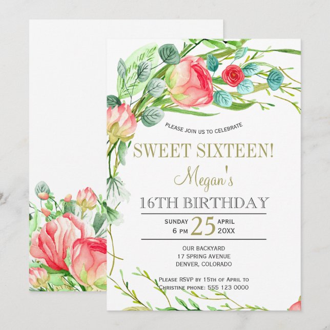 Sommarträdgården ro blommigt elegant sweet sixteen inbjudningar (Fram/baksida)