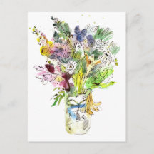 Sommarträdgårdsblomsterbukett akvarell och bläck