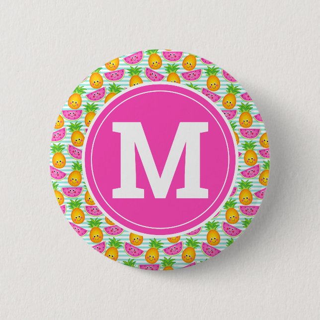 Sommartropisk ananas & vattenmelonmonogram knapp (Framsida)