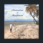 Sommartropisk Beach Wedding Watercolor-Anpassnings Magnet<br><div class="desc">Sommartropisk Beach Wedding Watercolor Magnets har ett vackert par i bröllop som njuter av en romantisk promenad på stranden med handflatan träd,  blå havsytan vatten och himlar. Fotografi av bröllop par copyright Denise Bennerson,  fotograf som tagits på den vackra stranden på Saint Croix US Virgin Islands.</div>