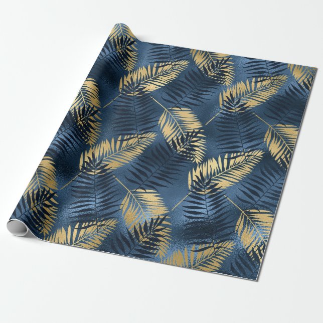 Sommartropisk Blå Palmbladsmönster Presentpapper (Utrullad)