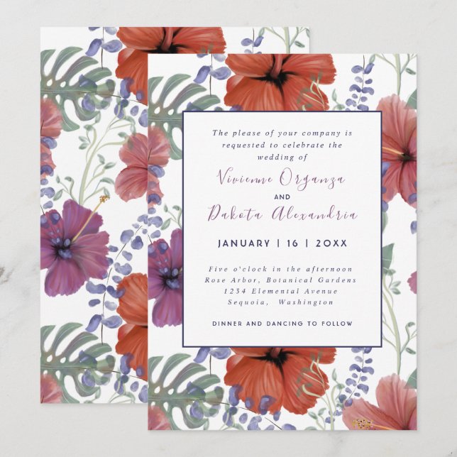 Sommartropisk bröllopsinbjudning för hibiscus inbjudningar (Fram/baksida)