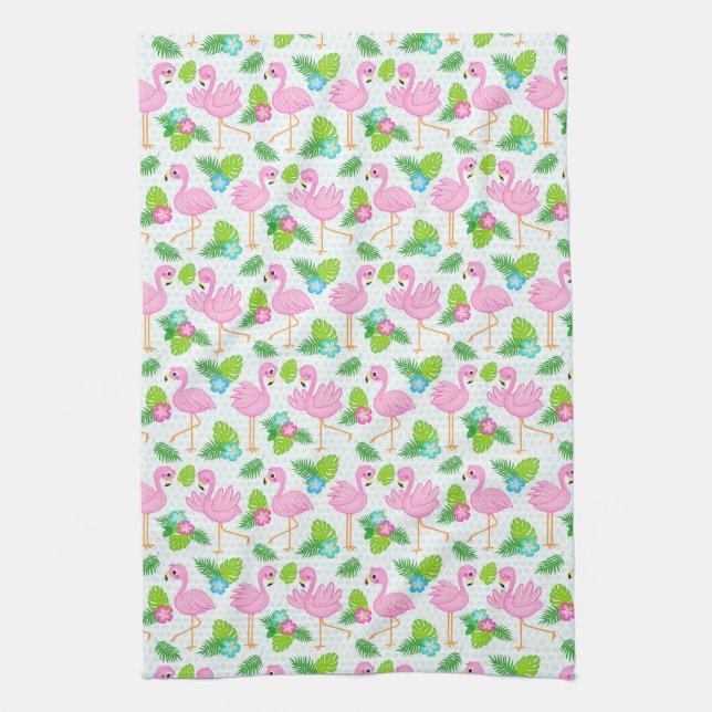 Sommartropisk Flamingo och Blommönster Kökshandduk (Vertikal)