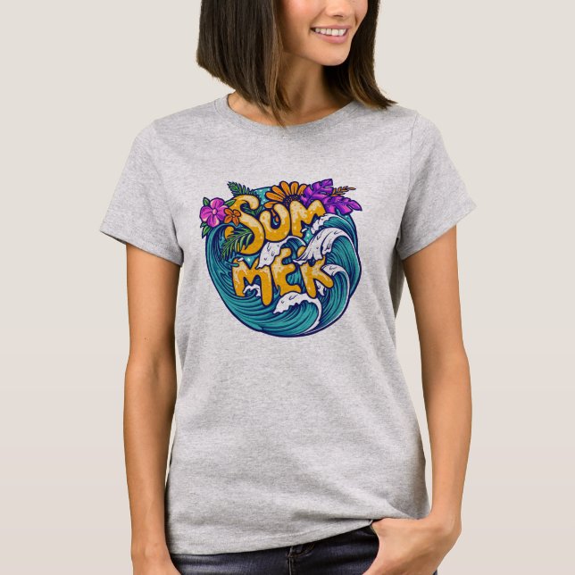 Sommartropiska blommor Beach Ocean Vågar Bright T Shirt (Framsida)