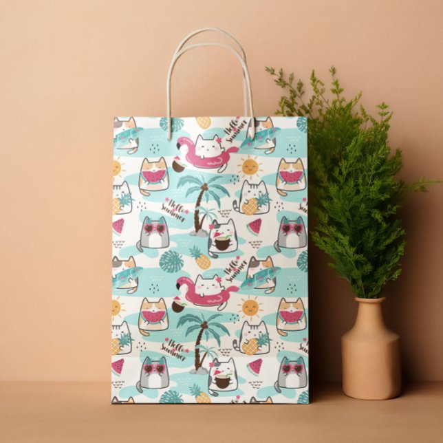 Sommartropiska katters pastellrosa (Summer tropical cats pastel pink medium gift bag)