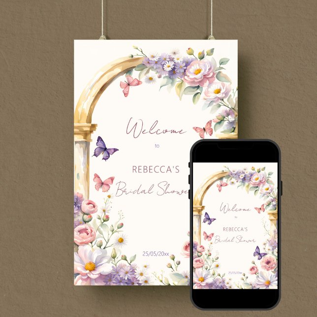 Sommarvälkommen möhippa i Butterflies vår Poster (Butterflies spring summer bridal shower editable template welcome sign poster digital download)