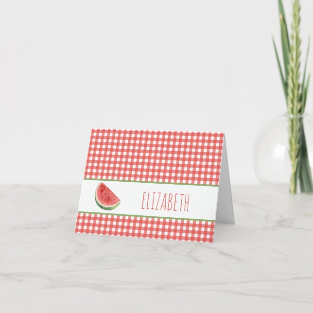 Sommarvattenmelon och rött gingham-rutigt anteckningskort (Framsida)