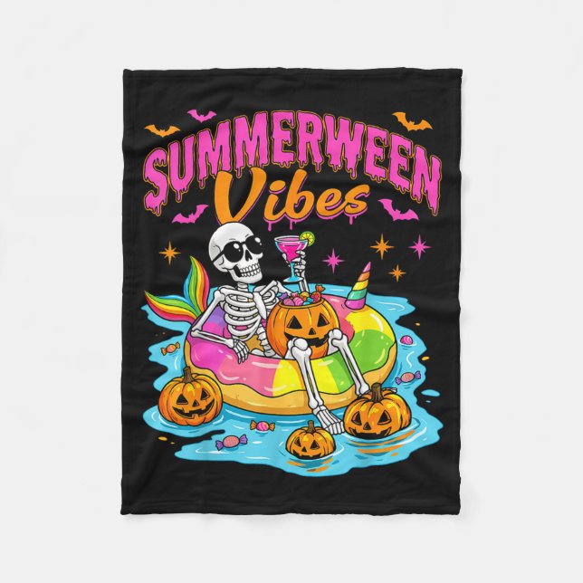 Sommarween Roliga Skelett Halloween Flytande Pool Fleecefilt (Framsidan)