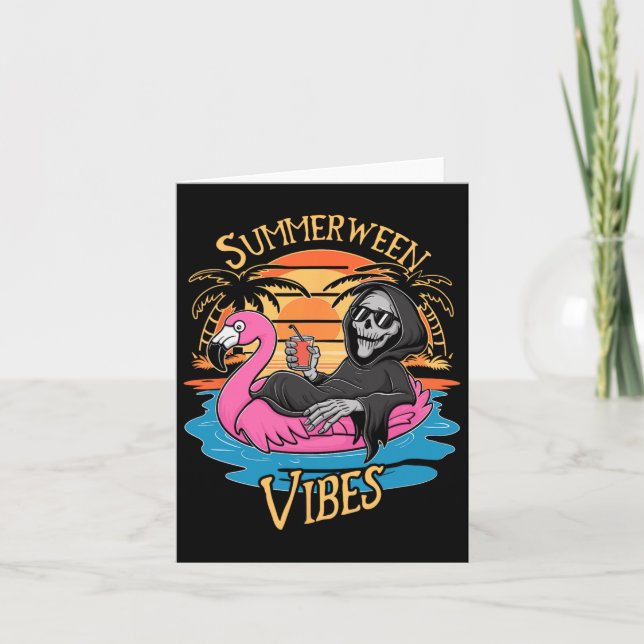 Sommarween-vibbar Skelett Flamingo Kuslig Hallowee Kort (Framsida)
